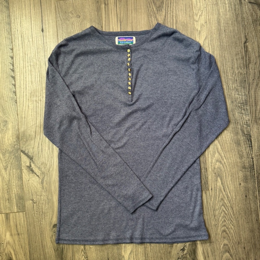 NorthCrest Henley Shirt Blue Ribbed Long Sleeve Button Up Women's XS